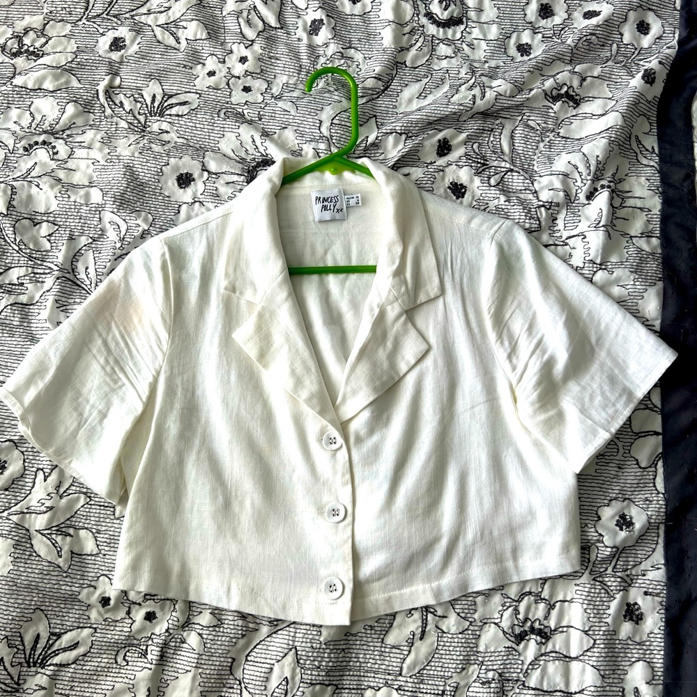 Cropped white button up top